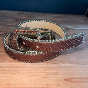 Cache Belt Women’s M/32-34”Bronze Brown Leather Rhinestone Studded Reptile 1"